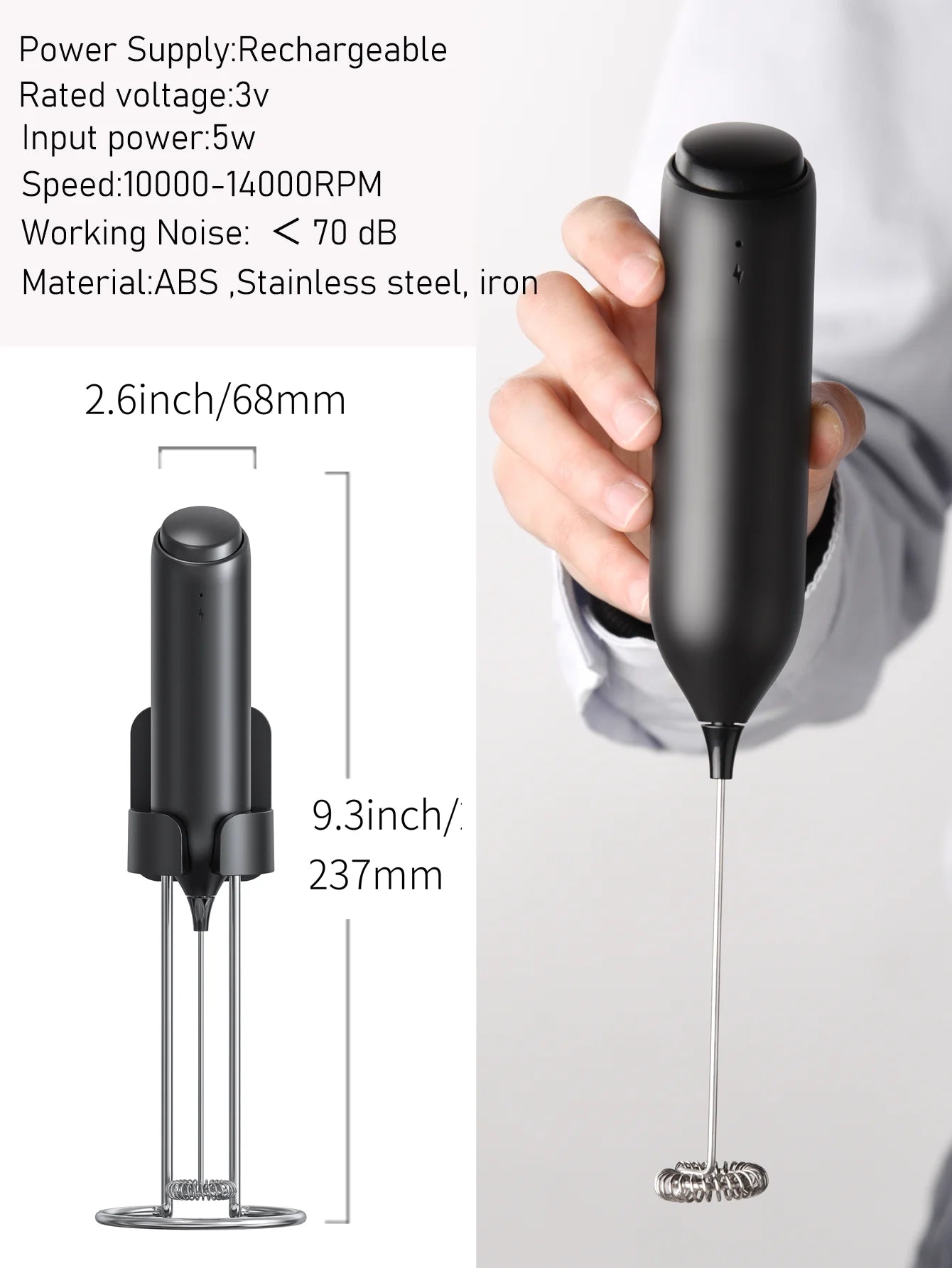 USB Black Rechargeable Handheld Stain Steel Stirring Head Electric Milk Frother Wand