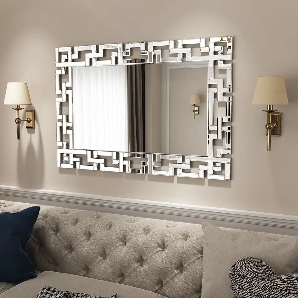 Large Rectangle Silver Modern Glass Geometric Frameless Mirrors/MDF Board Back Panel/Built-In Hooks On Back/Hardware/Dimension: (L x W x H)100x70cm/ 39.4x27.6 inch