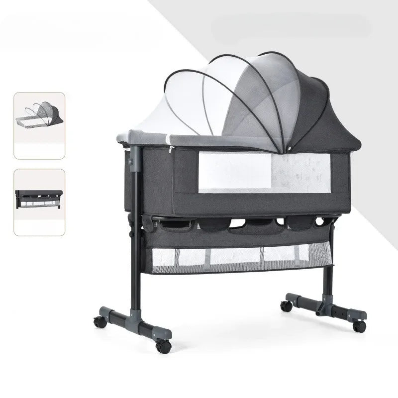 Babies-Toddlers Portable Metal Frame Adjustable Height Button Control Swinging Thick Linen Fabric Meshed Top-Sides Large Bassinet Cradle Beds/Colors-Gray/Beige/Black/White/Brown/Multicolor/Ages: 6 Months-2 Years Old
