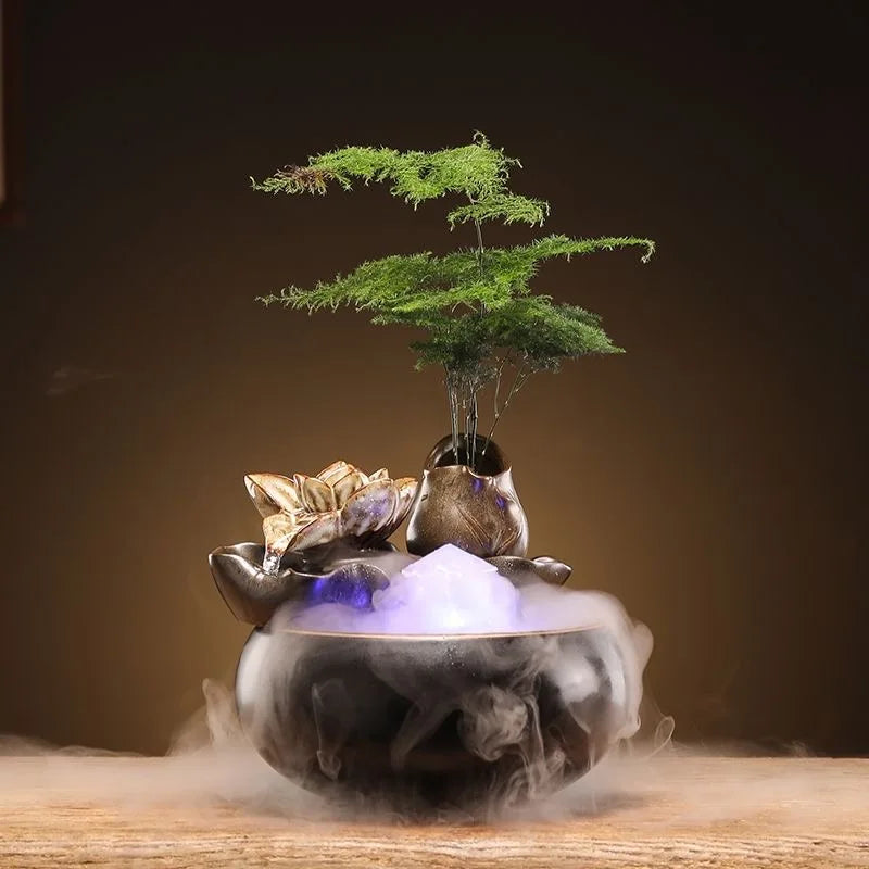 Desktop Glazed Ceramic Clay-Enamel Plant Rocky Landscape PET Flowing Drinking Water Bowl Fountain/Colors-Brown/Black
