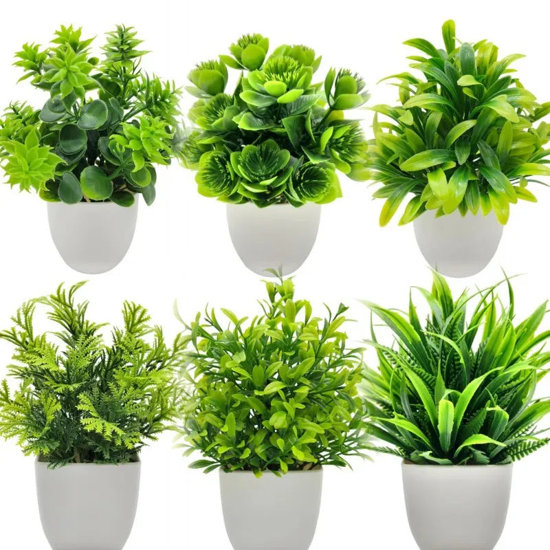 Indoor Mini Green Artificial Floral Bonsai Ardisia Spring Grass Pine Needle Non-Flowering Plant-Plastic Rectangle Pot