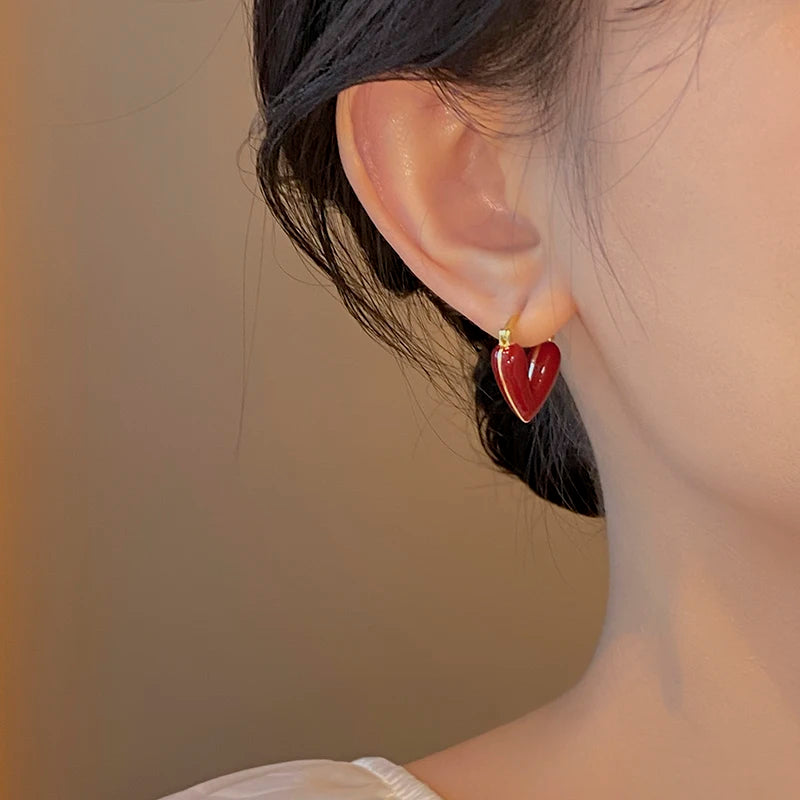 Women Imitation Red Wine Enamel Heart Shaped Tear Drop Gold Copper Earrings