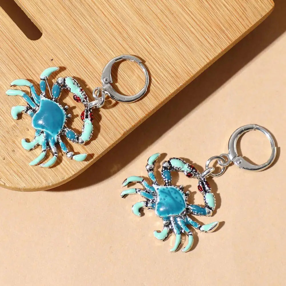 Adult Women-Teens Girls Iron Metal Blue Crab Shape Silver Colored Back Imitation Drop Dangle Glossy Hook Earrings