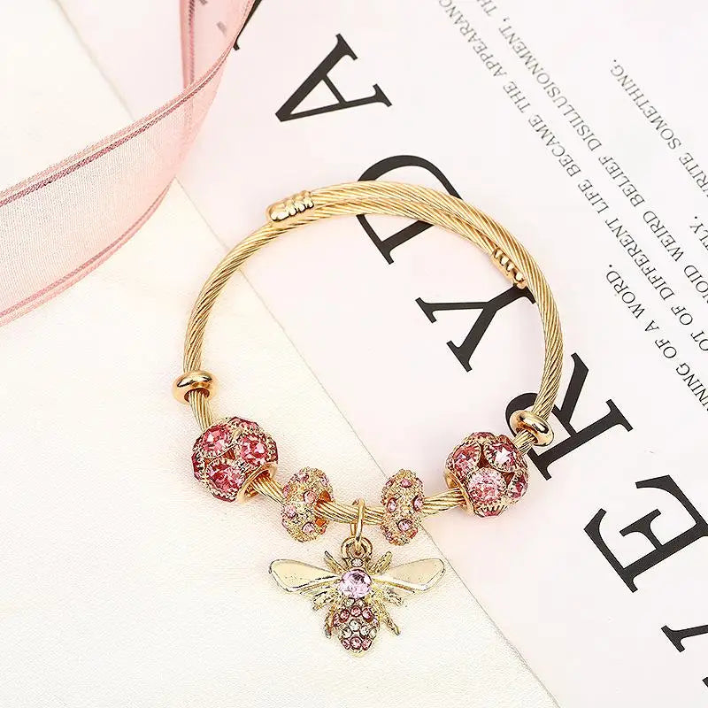 Women Round Titanium Steel Metal Inlay Imitation Crystal Rhinestone Bee Shape Gold-Black Balls Toggle-Clasps Bangle Charm Bracelets/Colors-Gold/Silver/Red/Clear/Pink/Geometric
