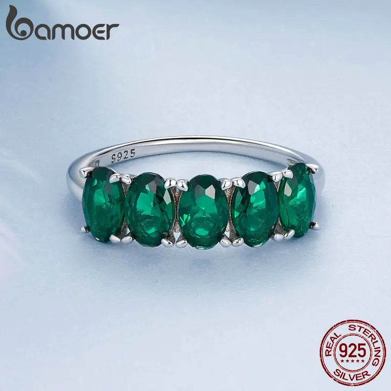 BAMOER 925 Sterling Silver Luxury Green Zircon Ring Stacked Oval Stone Finger Ring for Women Party Exquisite Fine Jewelry Gift