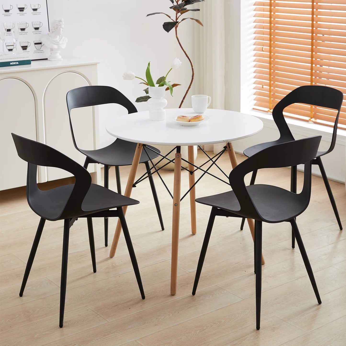 6 pcs Scandinavia Plastic Black Backrest-Hard Seat/Beech Wood Texture Metal Legs Dining Chairs/Colors-White/Black/Gray