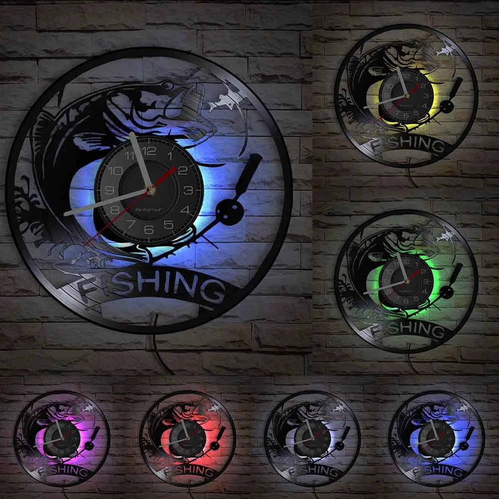 Retro Handmade Plastic Vinyl Record Gone Fishing Silhouette Of Fisherman Catching A Fish With Rod-N-Reel Wall Clocks/Battery Not Included/ 1 AA Battery Size/With-Without LED Light/Colors-Black/Geometric