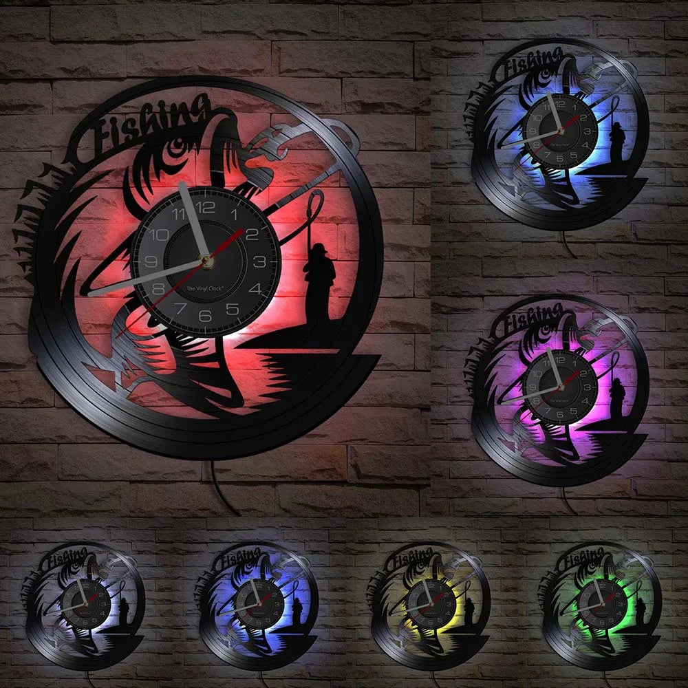 Retro Handmade Plastic Vinyl Record Gone Fishing Silhouette Of Fisherman Catching A Fish With Rod-N-Reel Wall Clocks/Battery Not Included/ 1 AA Battery Size/With-Without LED Light/Colors-Black/Geometric