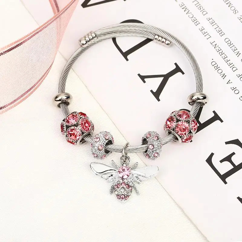 Women Round Titanium Steel Metal Inlay Imitation Crystal Rhinestone Bee Shape Gold-Black Balls Toggle-Clasps Bangle Charm Bracelets/Colors-Gold/Silver/Red/Clear/Pink/Geometric