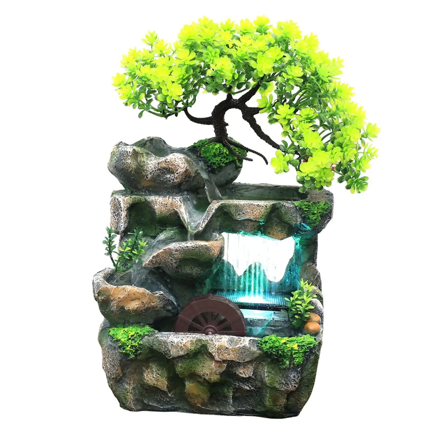 Green Indoor Tabletop Resin Rocky Landscape Bonsai Tree Flowing Waterfall Fountain/ Built-In Automatic Pump