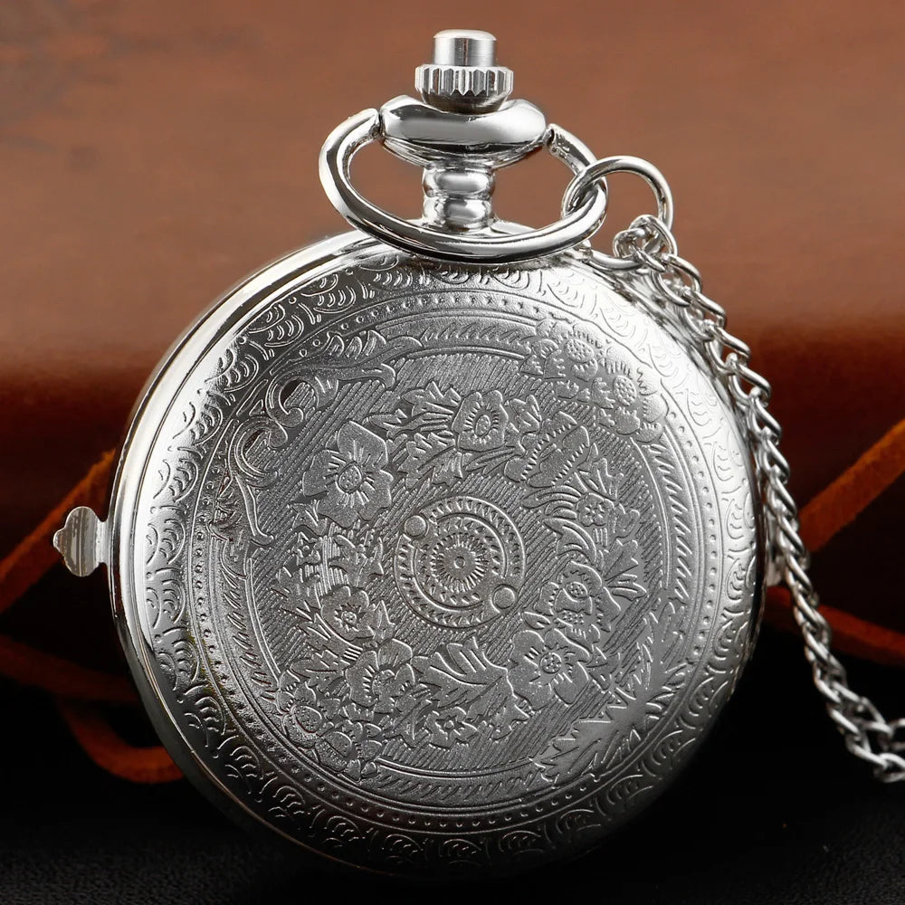 SHUHANG Adults Quartz Movement Exquisite Digital-Analog Display Flip-Out Acrylic Face Silver Stainless Steel Metal Round On Front Stars-Small Hourglass-On Back Floral Design Chain-Pocket Watches