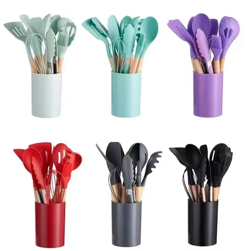 Kitchen 12 PCS Set Heat Resistant Non-Stick Silicone Tips Wood Handles Cooking Utensils-Storage Bucket/Colors-Colors-Green/Red/White/Gray/Pink/Black/Multicolor