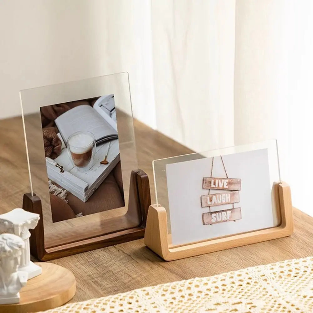 Flexible Strong Rectangle Clear Acrylic Brown Wood Base Photo Frames