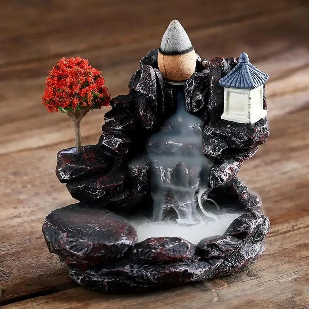 Ceramic Resin Small Village Scene Trees Rocky Mountain Terrain Brown Mill Wheel Realistic Flowing Water Backflow Incense Burner Holders/Colors-Black/Gray/Brown/Green