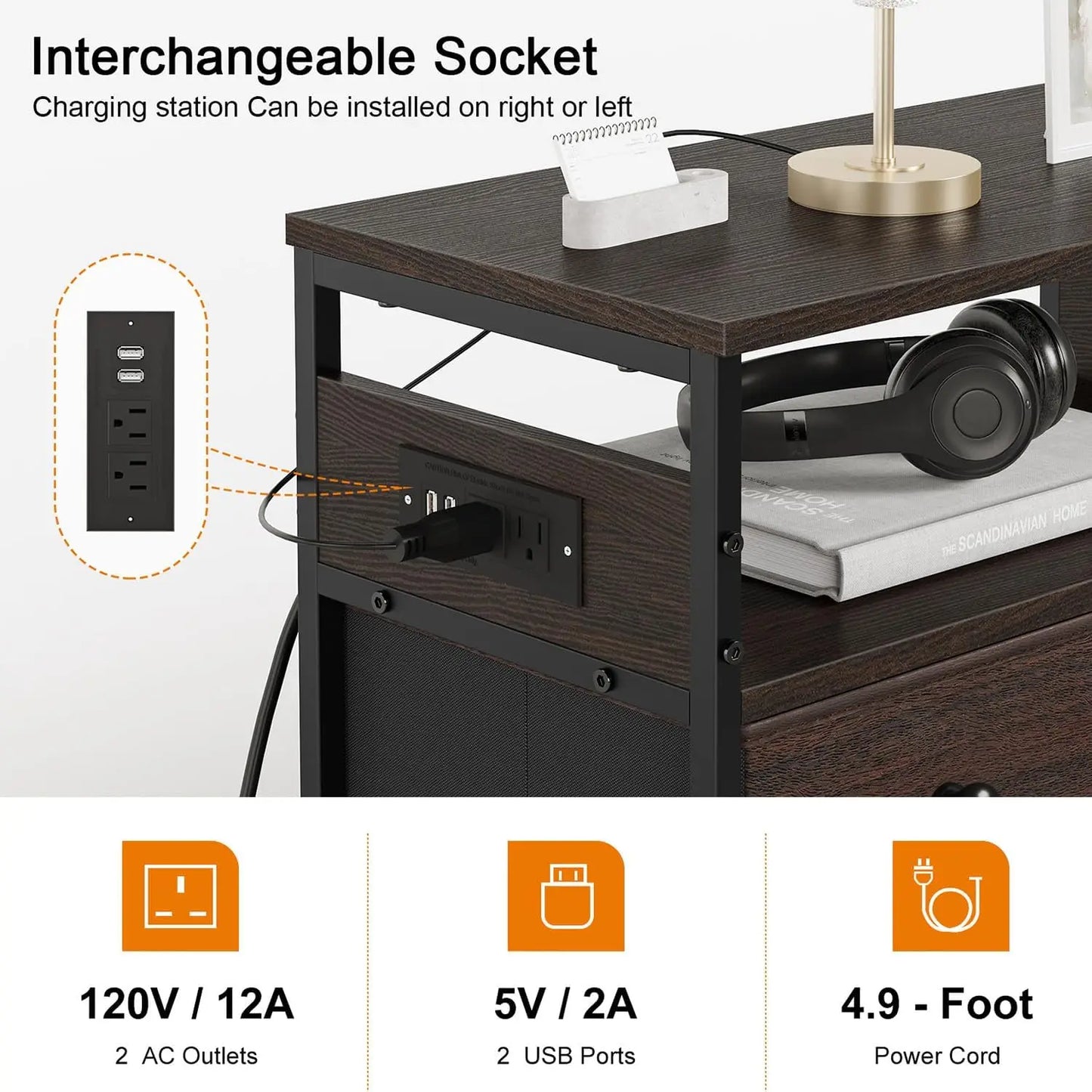 Wood Rustic Brown Nightstands/Charging Station / 4 Drawers /2-Tier Shelves