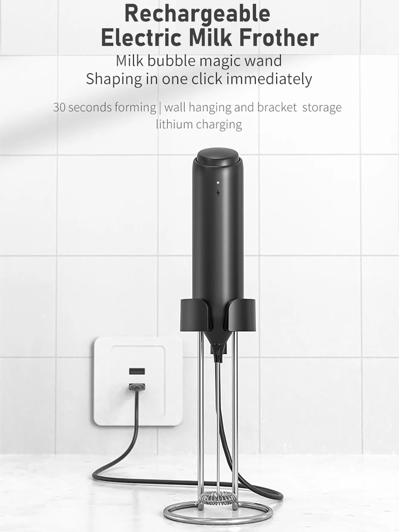 USB Black Rechargeable Handheld Stain Steel Stirring Head Electric Milk Frother Wand