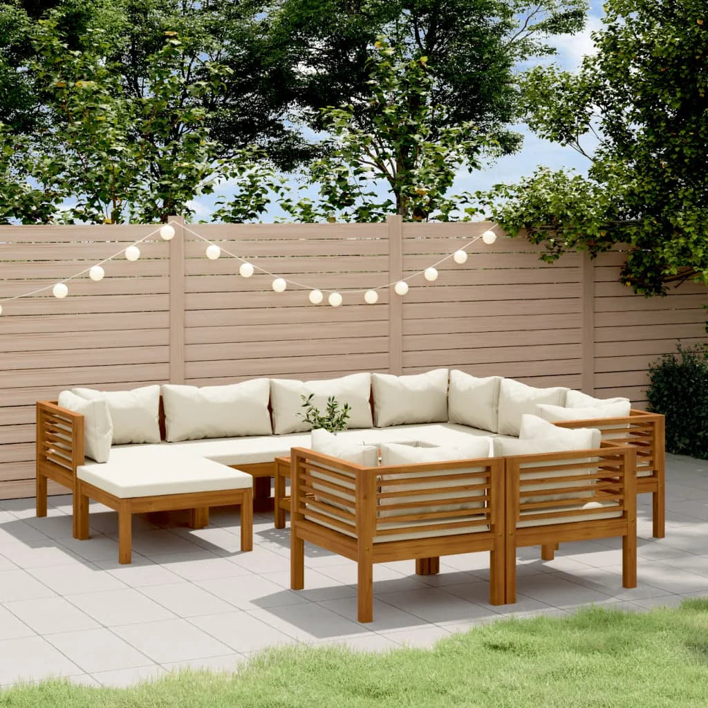 10 Piece Brown Modern Oil Finished Acacia Wood Outdoor Patio Lounge Set w /Polyester Cream Cushions