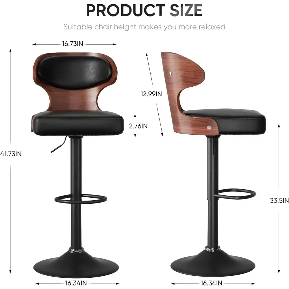 2 pcs L-Shaped Adjustable Height Solid Wood Low Backrest Bentwood Swivel Waterproof Leather Upholstered Cushion Barstools/Black Metal Frame Base /Footrest/Colors-Black/Blue/Green/Brown