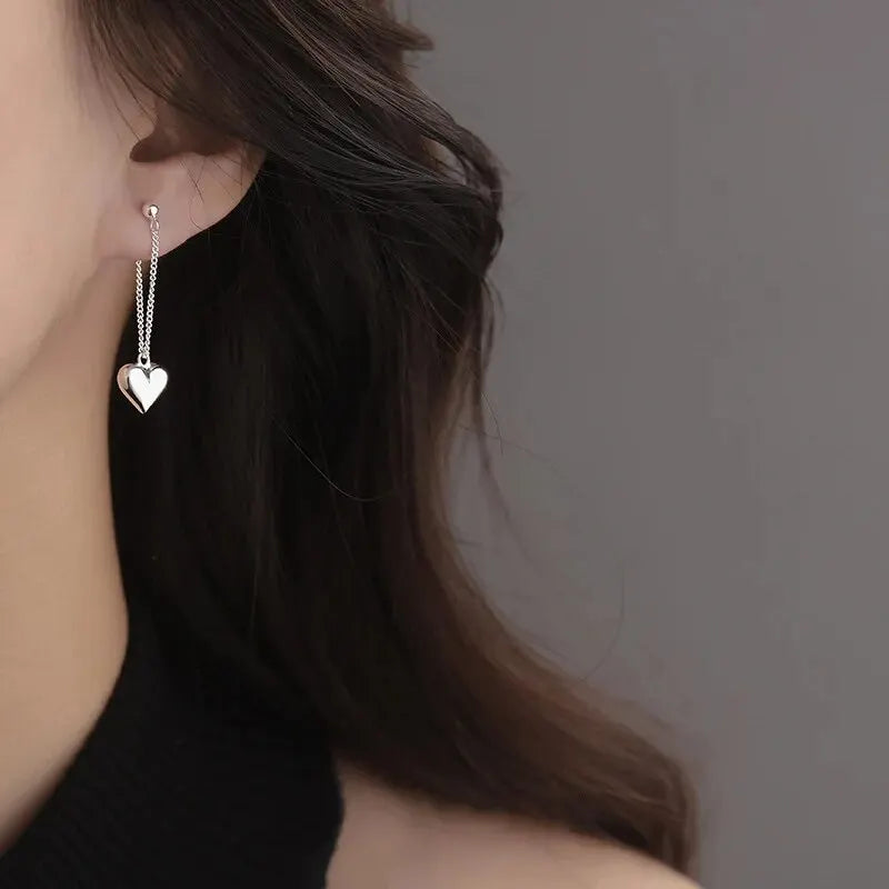 Women Silver Imitation Geometric Heart-Shaped Hoop Chain Earrings