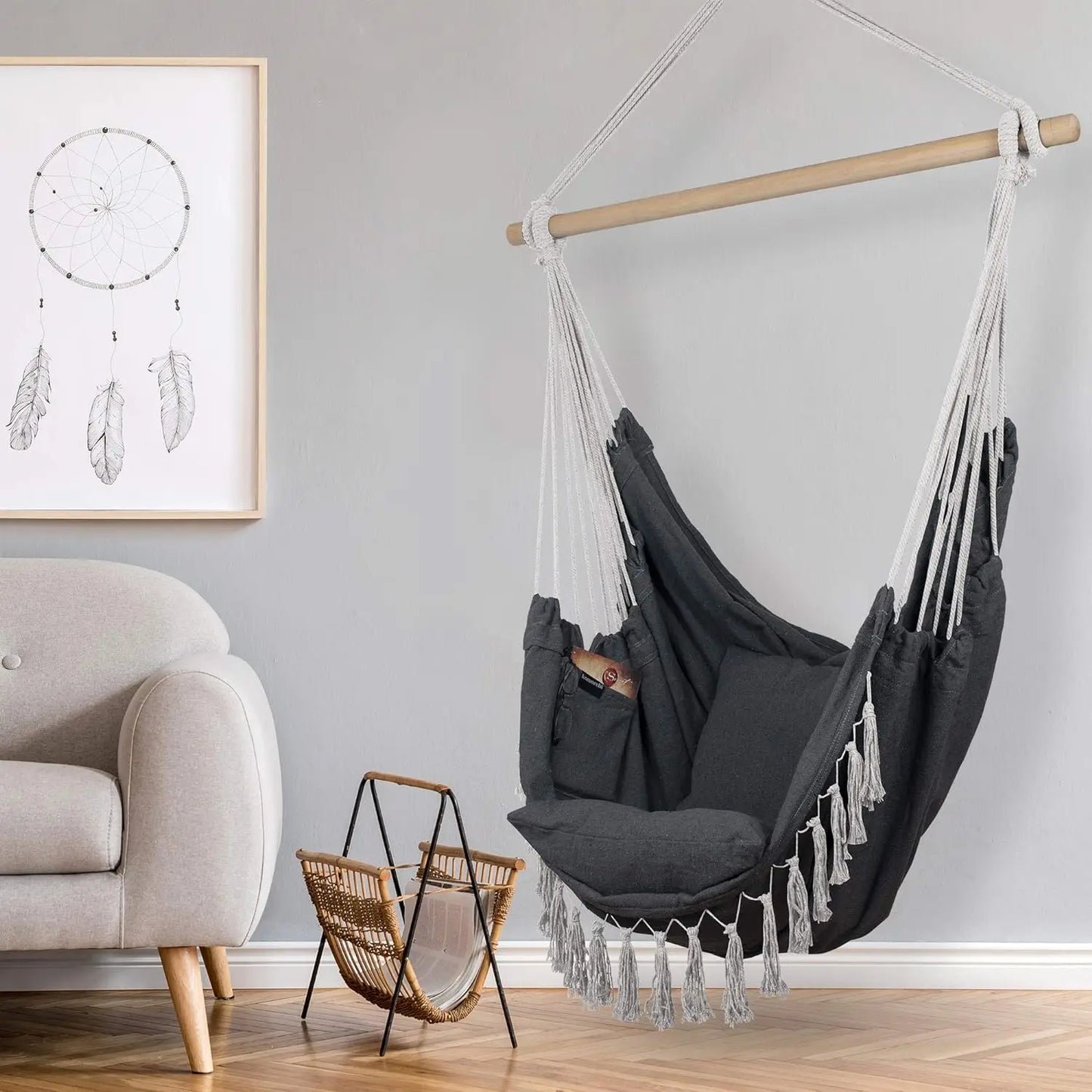 Retro Cotton Weaved Hammock Hanging Swing Chair/ 2 Cushions / Large Pocket/Weight Max 500 lbs/Colors-Black/White/Gray/Beige/Multicolor