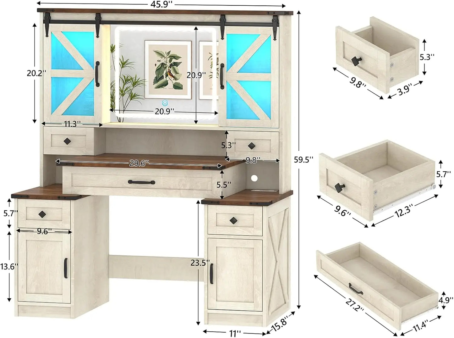 Wood Large White Farmhouse Mirrored LED Lighted Makeup Vanity Desk /Charging Station/2 USB Ports/ 2 AC Outlets/5 Drawers/2 Cabinets/Adjustable Sliding Glass Shelves