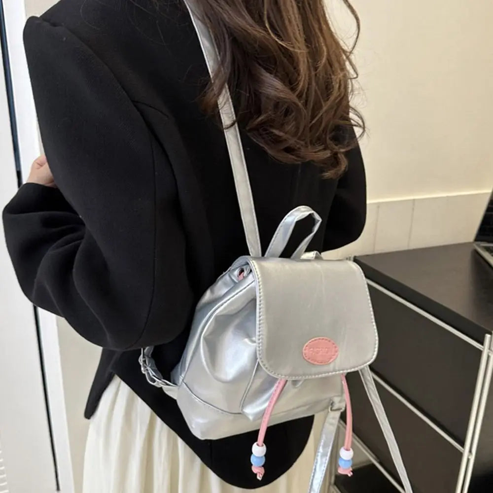 Women Small Retro Faux Leather Handheld Handle Soft Zipper Backpacks/Exterior Flap Pocket/Shoulder Straps/Interior Drawstring/Colors-Silver/Black/Brown/White