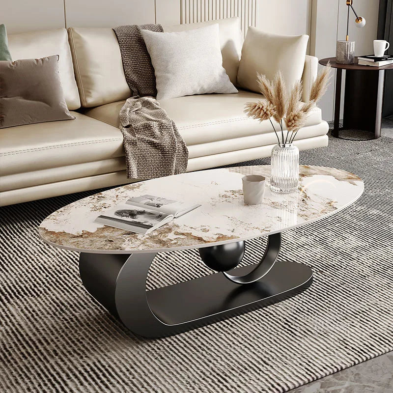 2 pcs Marble Topped Oval-Shaped Coffee Table Gold Colored Metal Base / Small Round Coffee Table Set/ Size: Oval Table 42cm H x 120/130cm W/ Size: Small Round 50cm W x 48cm H