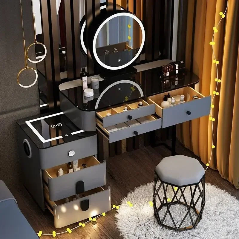 Modern Style White Adjustable LED Smart Touch-Controlled Lighted Round Mirror Black Tempered Glass Countertop Solid Pine Wood Draws Make-Up Vanities /2 USB Wireless Ports /Bluetooth Speakers/Colors-Black/Gray/White