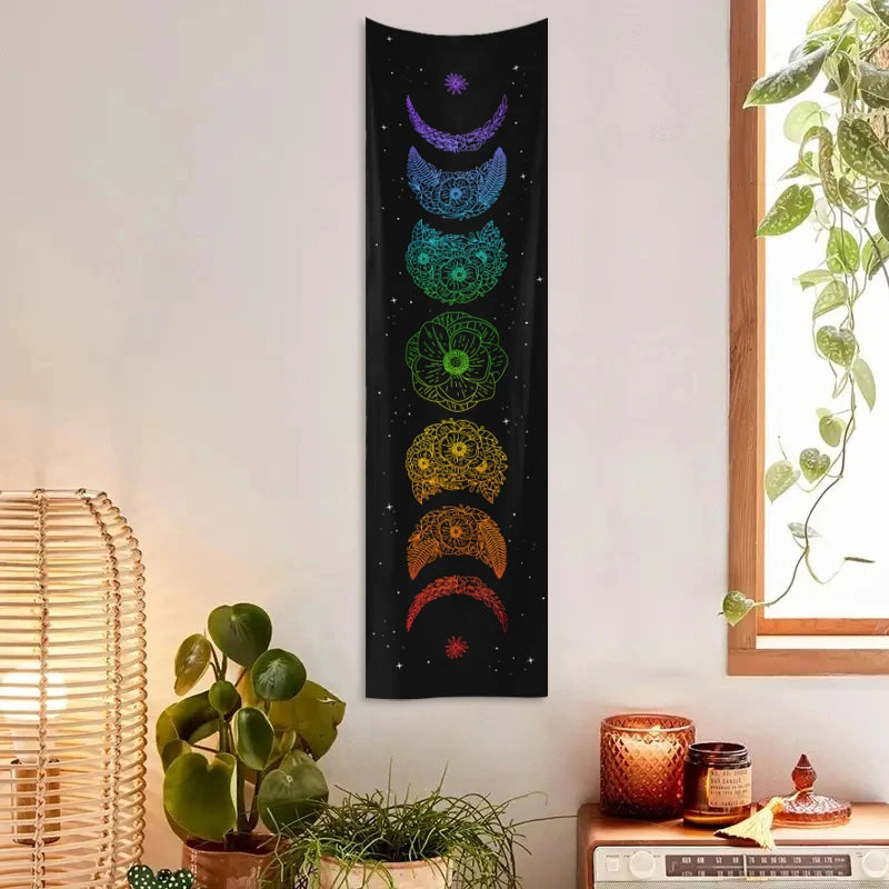 Rectangle Polyester Geometric Black Background White Printed Moon Phrase-Starry Sky Colorful Floral Wall Hanging Tapestries