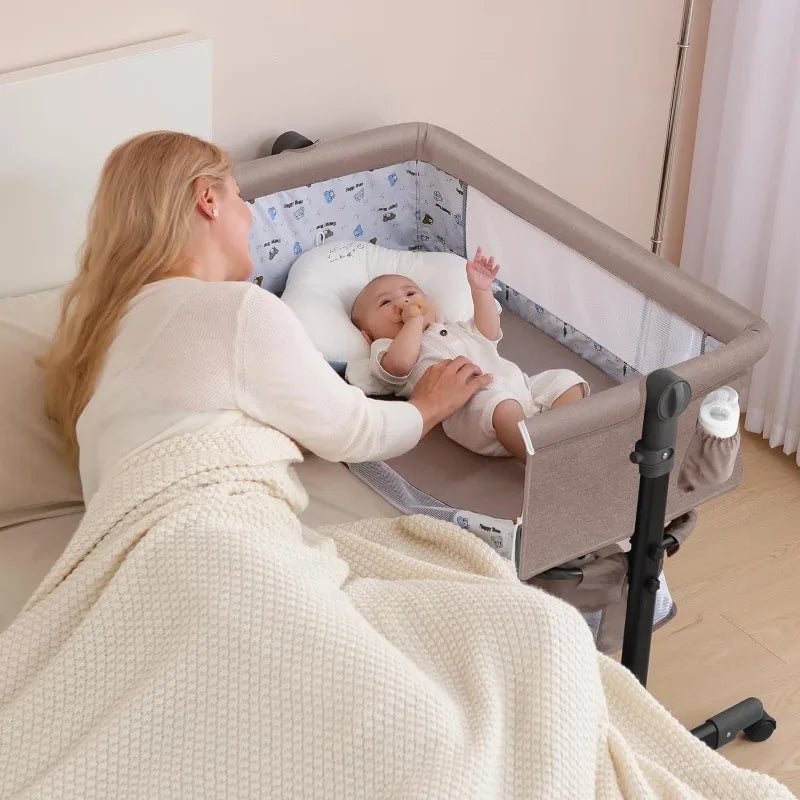 Babies-Toddlers Portable Metal Frame Adjustable Height Button Control Swinging Thick Linen Fabric Meshed Top-Sides Large Bassinet Cradle Beds/Colors-Gray/Beige/Black/White/Brown/Multicolor/Ages: 6 Months-2 Years Old