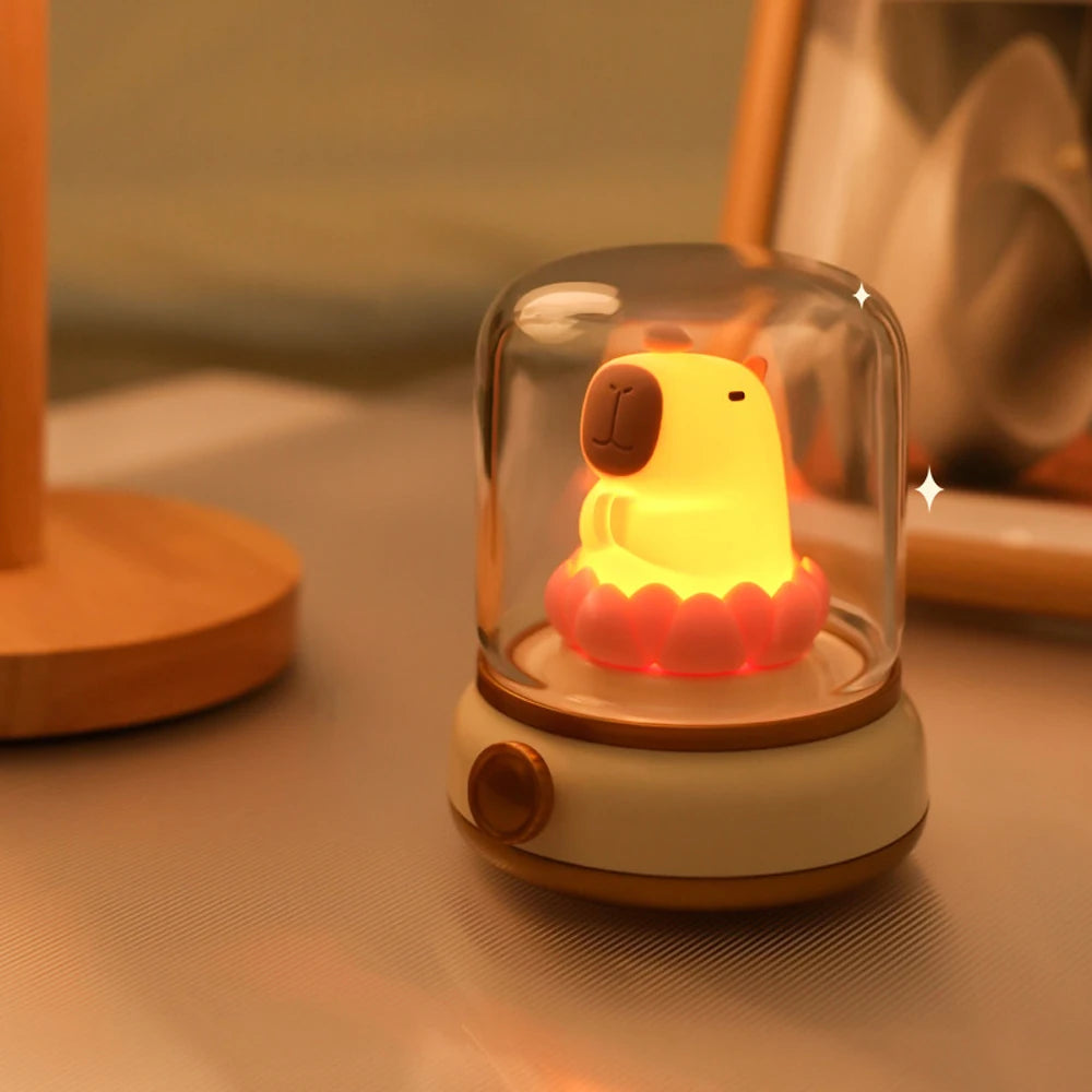 Round Glass Cute Capybara Kerosene Switch Button Sleeping Dimmable Night Light /2 Light Modes/Included LITHIUM ION Battery/Bulbs Included/USB Cable/Colors-Animal/Clear/Yellow/Green/No Batteries Required