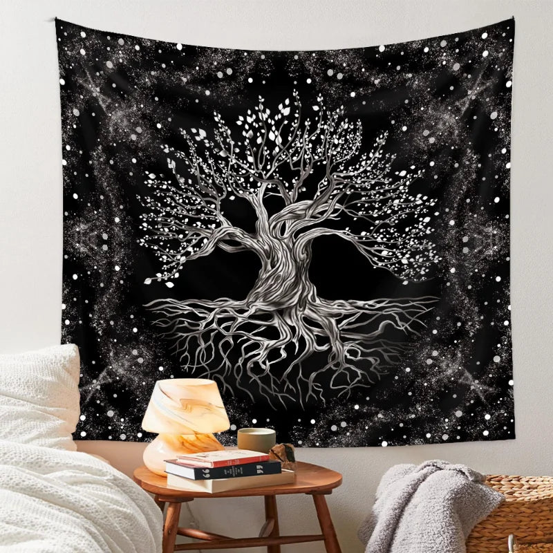 Decorative Polyester-Cotton Black Background-White Printed Nature Tree of Life Design Wall Tapestries/Colors-Black/Orange/Navy Blue/White/Yellow/Multicolor