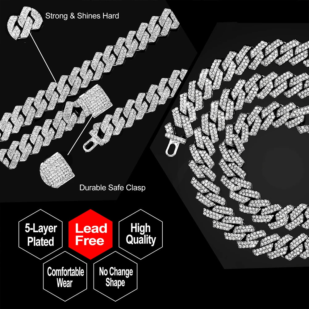 Women-Teen Girls Gold-Silver Metal Iced Prong Chunky Cuban Chain Link Geometric Shape Shiny White Rhinestones Imitation Punk Necklaces