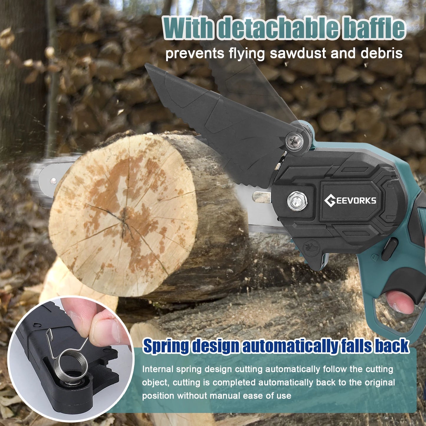 GEEVORKS Outdoor Home DIY Plastic Green-Black Body 6 Inch Handheld Mini Cordless Lithium Battery-Powered Rechargeable Brushed Motor 21V Electric Portable Wood Cutting Adjustable Tension Pruning Metal Chainsaws/Colors-Green/Black/Gray/Red/
