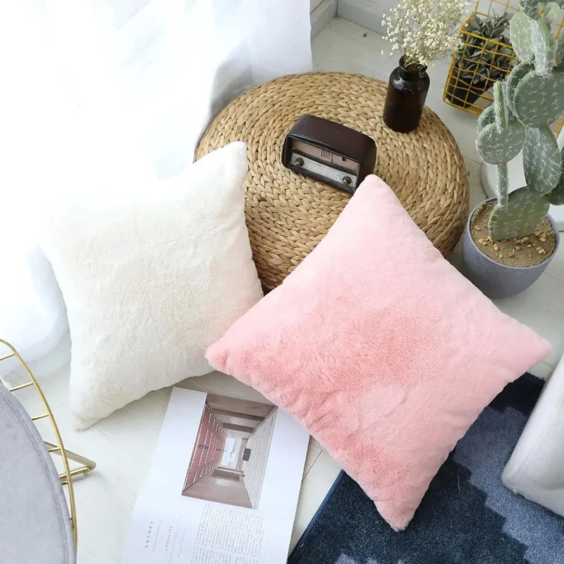 Beige 100% Polyester Ultra Soft Warm Plush Faux Rabbit Fur Plush Throw Pillow COVERS/