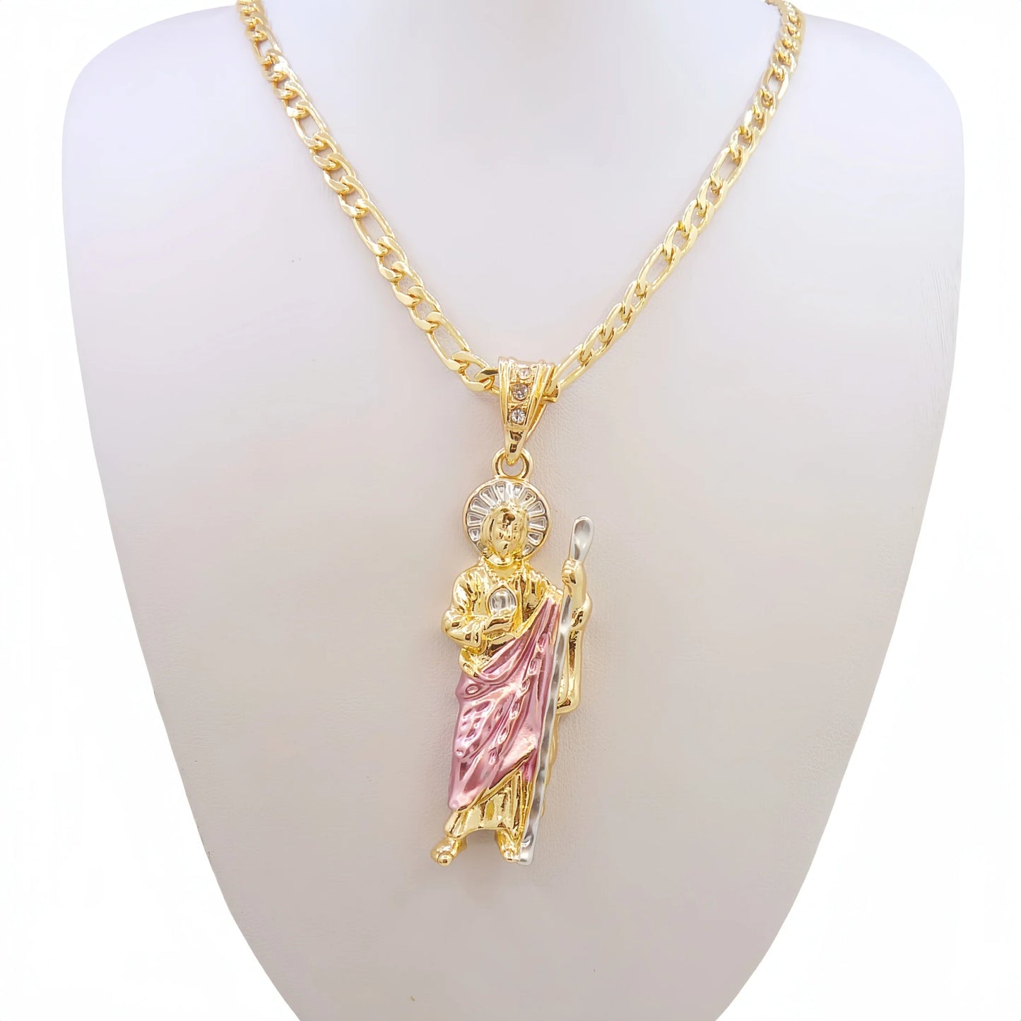 Adults-Teens 14K Gold-Plated Copper Metal Catholicism Religious Style Figaro Chain Saint Jude Pendant Necklaces/Colors-Gold/Green/Pink/White/Multicolor