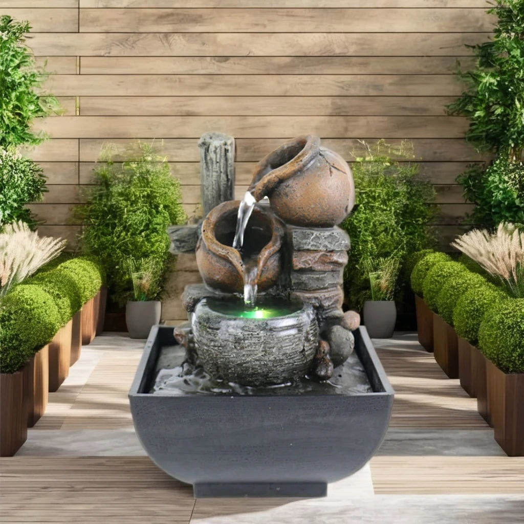 3 Tier Indoor LED Lights Resin Brown-Gray Clay Pots Flowing Water Rocks Black Square Bowl Tabletop Fountains/Colors-Multicolor/ 1-Water Pump Plug