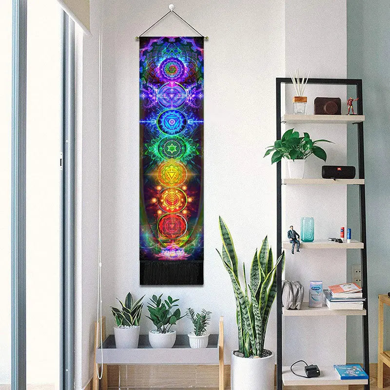 Printed Rectangle Cotton-Linen Colorful Multicolor Seven Chakra Spiritual Meditation Wall Hanging Tapestries