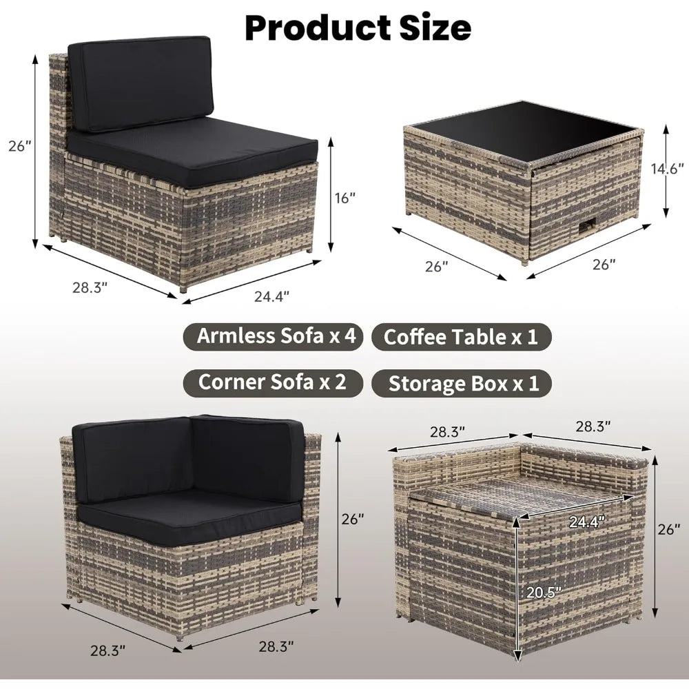 RUO WU 8 PCS Modern Geometric Black-Brown-Beige Zippered Waterproof Soft Cushions-Natural Wicker Rectangular Patio Rattan Outdoor Furniture Sets/Tempered Glass Coffee Table-Storage