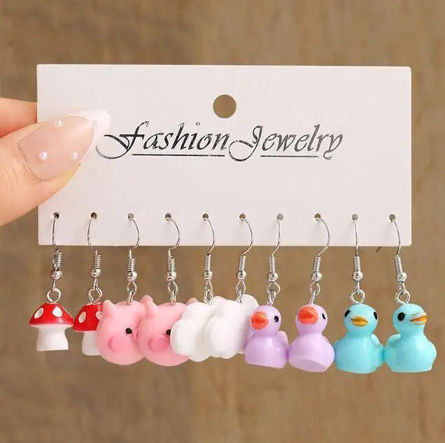 Women Imitation Multicolor Acrylic Cute Funny Cartoon Dopamine Hearts-Duck-Butterfly-Star-Pig Drop Tin Alloy Metal Earrings Sets/Colors-Multicolor/Dots/Animals