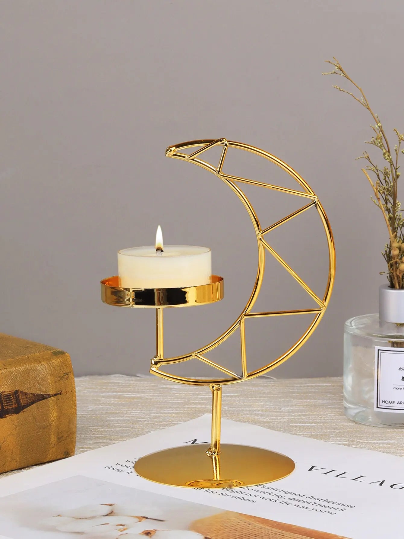 Gold Iron Colored Hanging Half-Moon Shaped Standing Small Tealight Candle Stand Holders