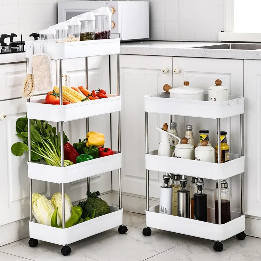 Kitchen Black-White 3-4 Tiers Shelves Non-Folding Slim Storage Plastic Carts/360 Rotation-4 Plastic Wheels/Colors/White, Black