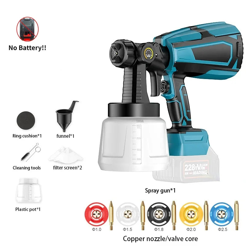 1000ML Electric Spray Gun Cordless Paint Sprayer Auto Furniture Steel Coating Airbrush 5 Nozzle Compatible for Makita Battery