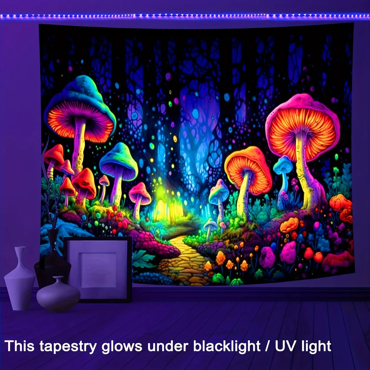 Black Background Polyester Glow Under Black UV Light Flowing Water Colorful Multicolor Mushrooms Nature Floral Tree of Life Forest Wall Hanging Tapestries