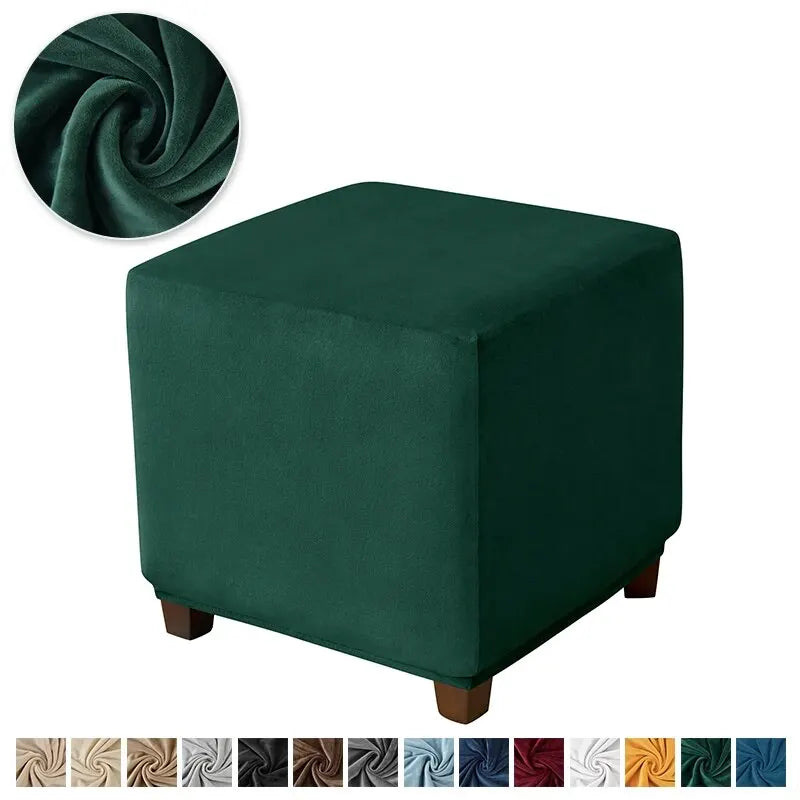 Soft Velvet Cotton-Polyester Square Ottoman Footrest Elastic Slipcovers/Colors-Green/White/Beige/Red/Gray