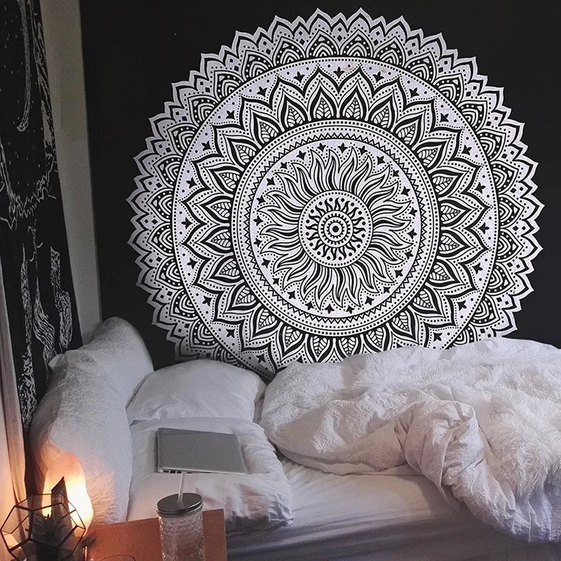 Geometric Color Printed Black Background Mandala Wall Hanging Cotton-Polyester Tapestries