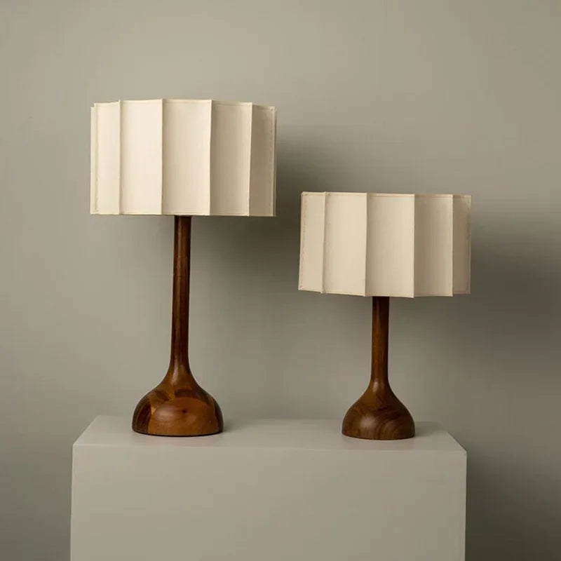 Japanese LED Wabi-Sabi Downward Fabric Shade Polished Steel Finish Solid Wood-Bamboo Round Base Table Lamps/Colors-Brown/White