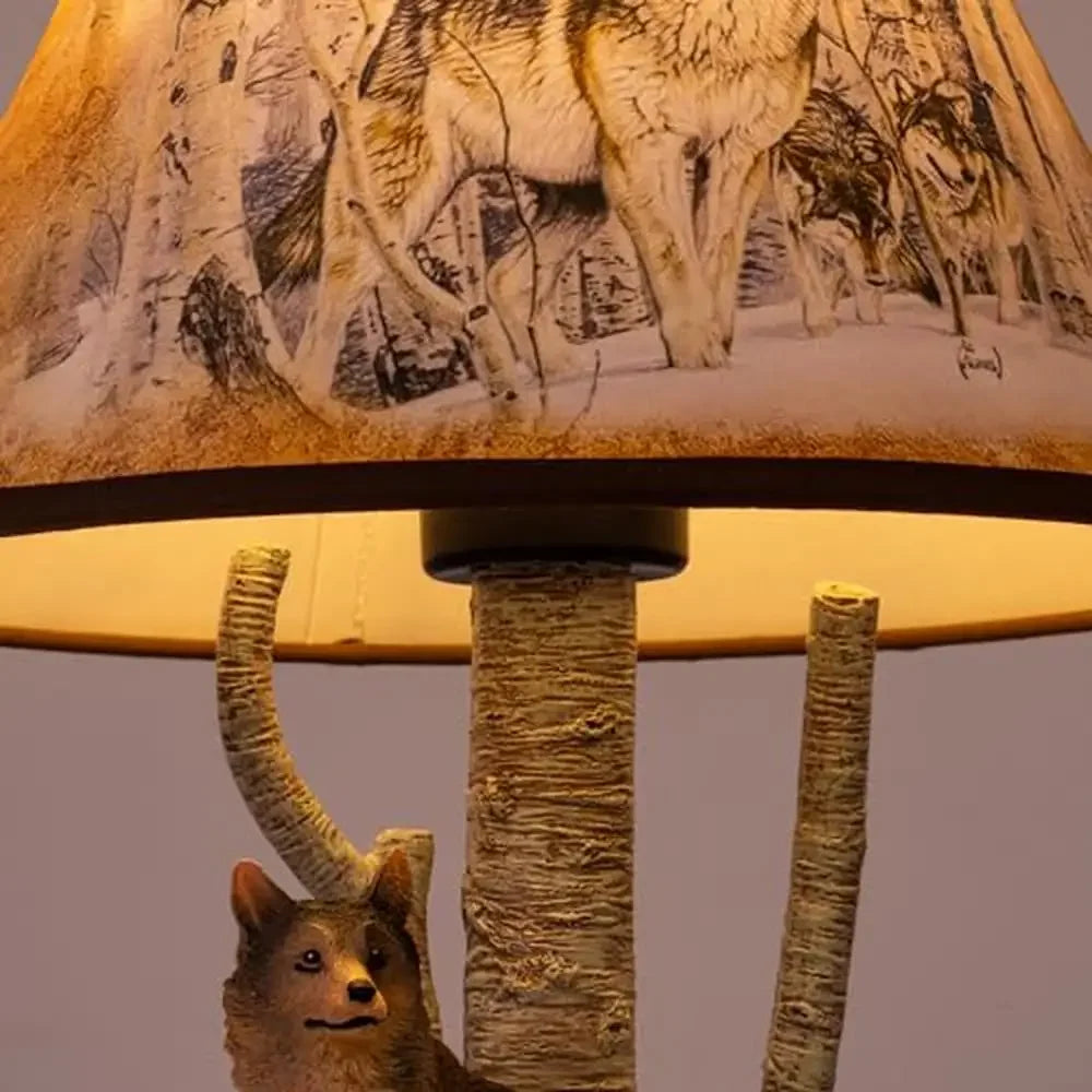 LED Light Rustic Brown Linen Shade Resin Wolves In The Wild Sculpture Wood Table Base Desk Lamps