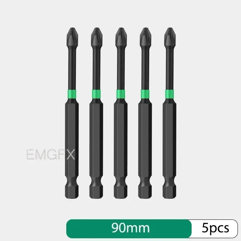 EMGFX 5 PCS Set Mechanic Design Impact Resistant Phosphating Black-Green Coating Alloy Steel Phillips Screw Head Low Magnetic Screwdriver BITS For Drills