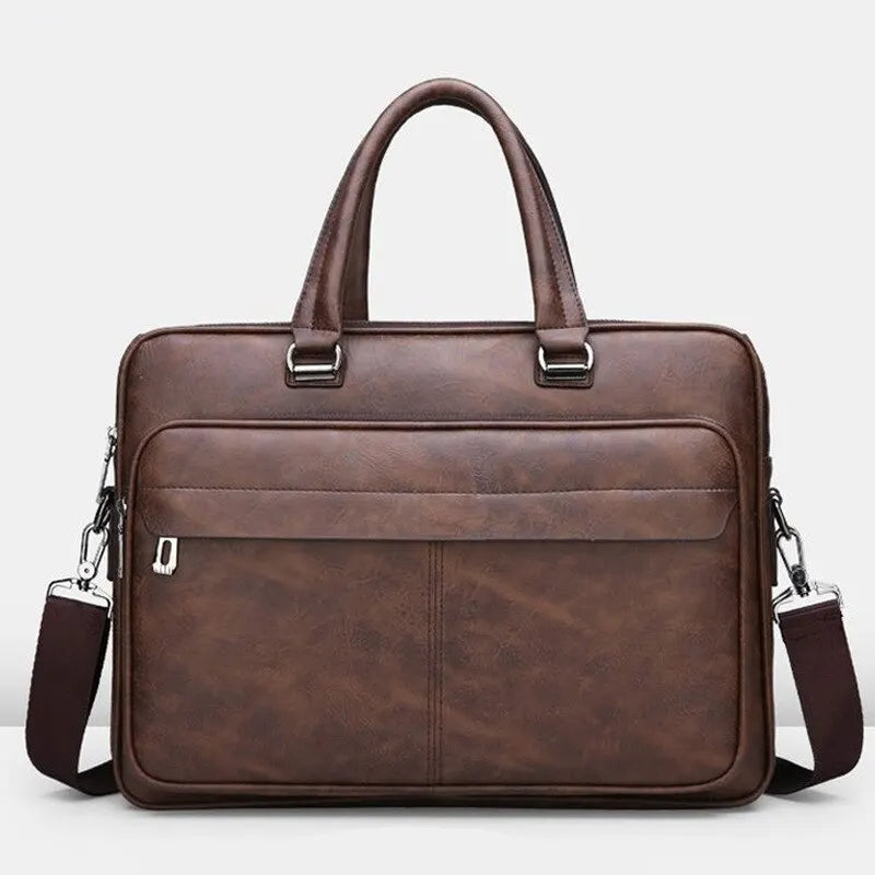Men Large Faux Leather Waterproof One Shoulder Strap-Handle Crossbody Design Document Bag Briefcase/Zipper/Polyester Lining/ For Tablet-IPAD/Fits 15 Inch IPAD-Tablet Colors-Brown/Black